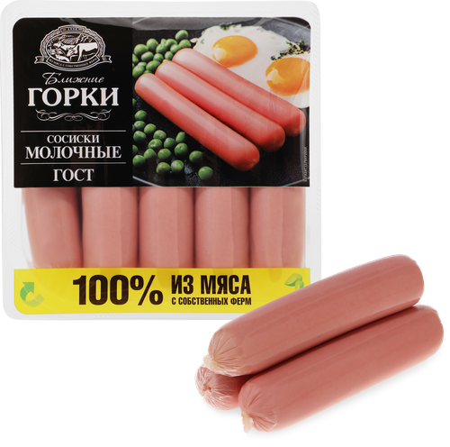 Сосиски БЛИЖНИЕ ГОРКИ Молочные ГОСТ, 450г, вид