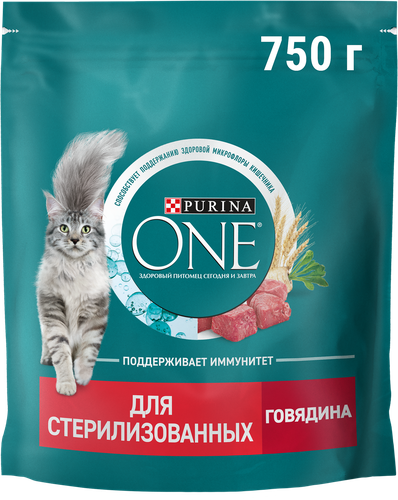 Корм сухой для взрослых кошек PURINA ONE для стерилизованных и кастрированных, с высоким содержанием говядины и пшеницей, 750г, изображение
