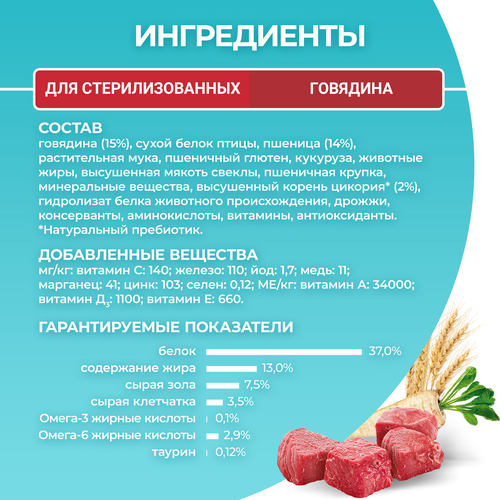 Корм сухой для взрослых кошек PURINA ONE для стерилизованных и кастрированных, с высоким содержанием говядины и пшеницей, 750г, крупный план