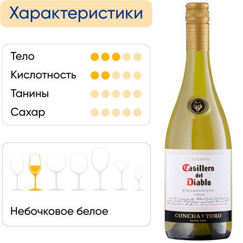 Вино CASILLERO DEL DIABLO Concha Y Toro Шардоне выдержанное белое сухое, 0.75л, вид