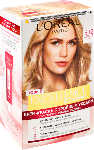 Краска для волос L'OREAL Excellence 8.12 Мистический блонд, 176мл, детальное фото