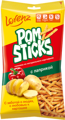Чипсы картофельные POMSTICKS Lorenz, с паприкой, соломка, 100г, крупный план