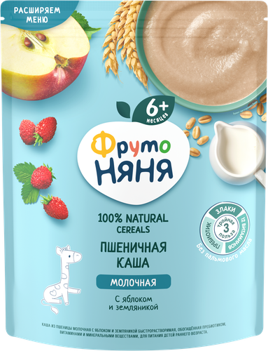 Каша пшеничная ФРУТОНЯНЯ молочная, с яблоком и земляникой, с 6 месяцев, 200г, крупный план
