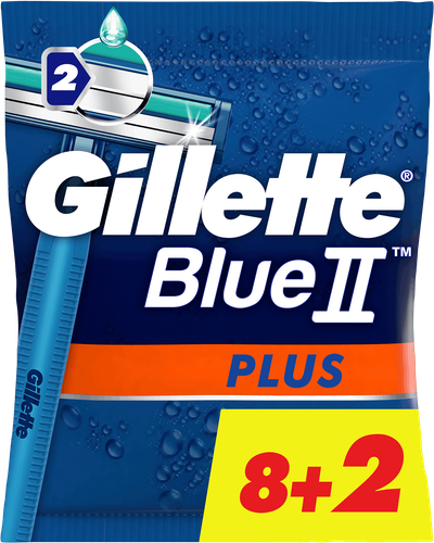 Станок для бритья одноразовый GILLETTE Blue II Plus, 8+2шт, крупный план