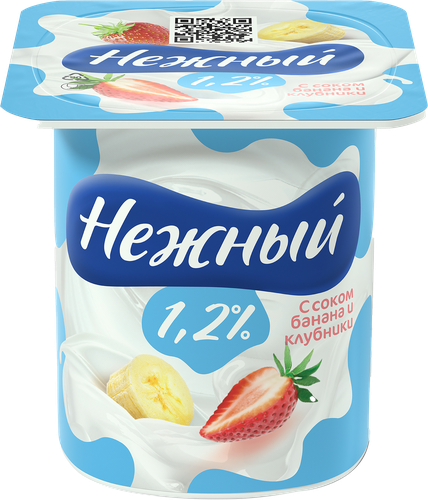 Продукт йогуртный CAMPINA Нежный с соком банана и клубники 1,2%, без змж, 100г, крупный план