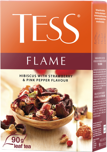 Чай травяной TESS Flame гибискус с ароматом земляники с розовым перцем листовой, 90г, крупный план