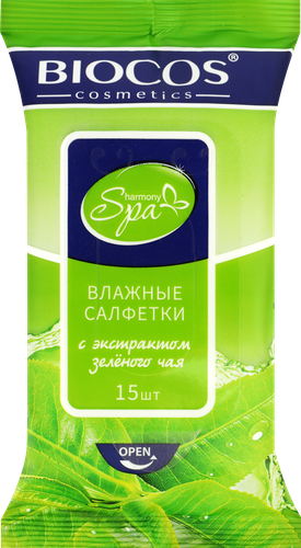 Салфетки влажные BIOCOS SPA Harmony, с экстрактом зеленого чая, 15шт, изображение