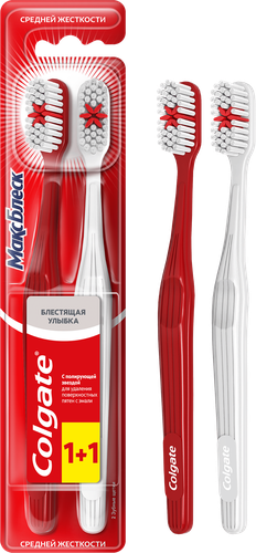 Зубная щетка COLGATE Макс Блеск, средней жесткости, 1+1, 2шт, крупный план