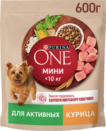 Корм сухой для взрослых собак PURINA ONE для мелких пород с активных образом жизни, с высоким содержанием курицы и с рисом, 600г, фото