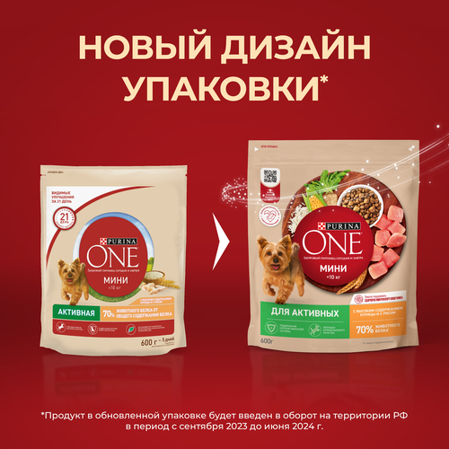 Корм сухой для взрослых собак PURINA ONE для мелких пород с активных образом жизни, с высоким содержанием курицы и с рисом, 600г, крупный план