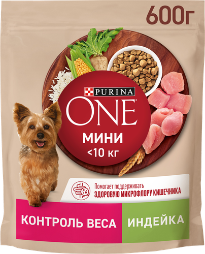 Корм сухой для взрослых собак PURINA ONE Здоровый вес для мелких пород, склонных к набору веса, с высоким содержанием индейки и с рисом 600г, фото