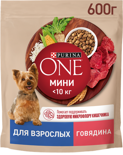 Корм сухой для взрослых собак PURINA ONE для мелких и карликовых пород, с высоким содержанием говядины и с рисом, 600г, изображение