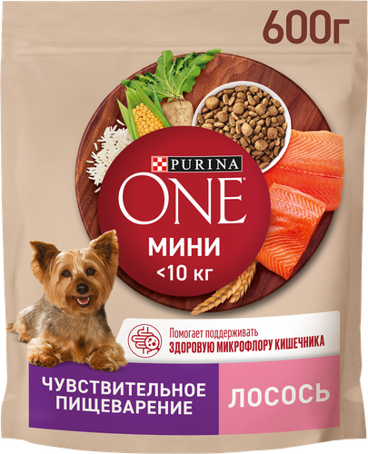 Корм сухой для взрослых собак PURINA ONE Мини Чувствительная, для мелких пород с чувствительным пищеварением, с лососем и рисом, 600г, фотография