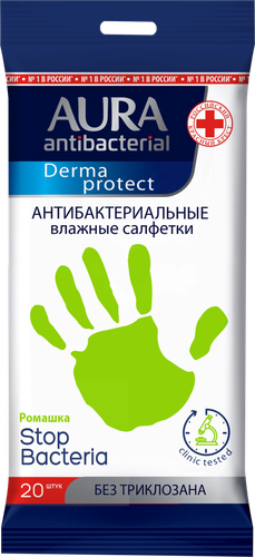 Салфетки влажные AURA Antibacterial Derma Protect антибактериальные, 20шт, детальное фото