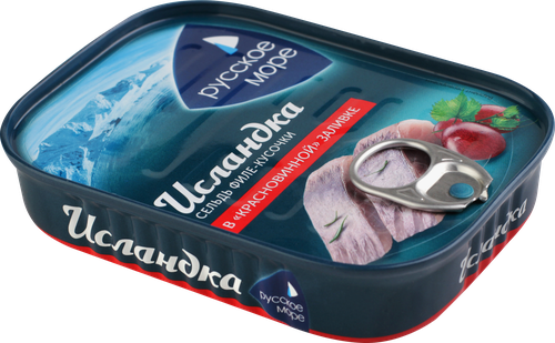 Сельдь РУССКОЕ МОРЕ Исландка, филе-кусочки в красновинной заливке, 115г, картинка