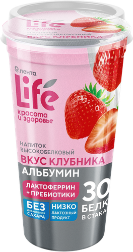Напиток молочный ЛЕНТА LIFE высокобелковый низколактозный пребиотический клубника без зм, крупный план