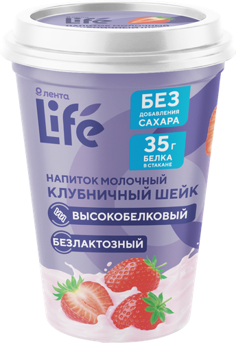 Напиток молочный ЛЕНТА LIFE в/бел обезжир. б/л клубничный шейк 0,2% без змж, детальное фото