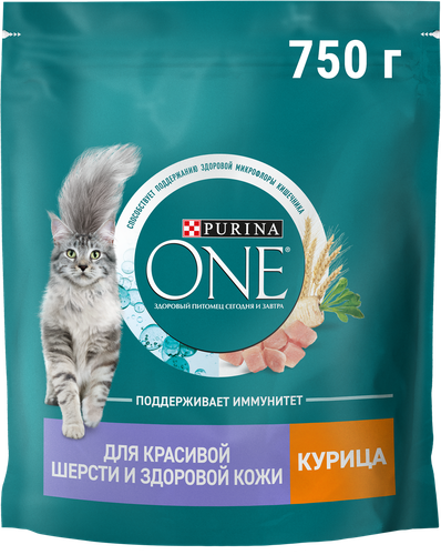 Корм сухой для взрослых кошек PURINA ONE для красивой шерсти, здоровой кожи и контроля образования волосяных комков, с высоким содержанием курицы и цельными злаками, 750г, фотография