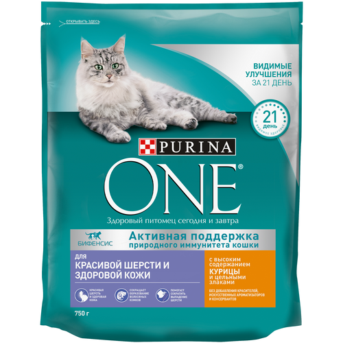 Корм сухой для взрослых кошек PURINA ONE для красивой шерсти, здоровой кожи и контроля образования волосяных комков, с высоким содержанием курицы и цельными злаками, 750г, изображение