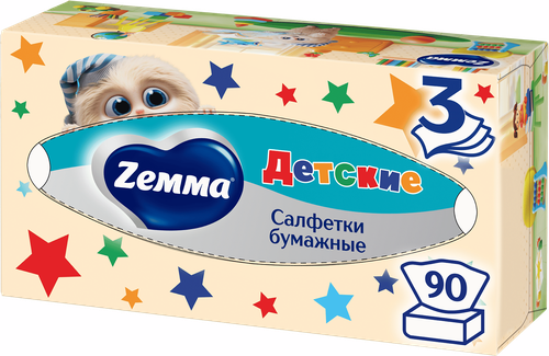Салфетки бумажные детские ZEMMA 3 слоя, в коробке, 90шт, фото