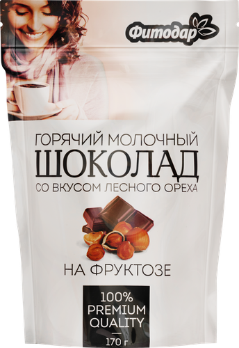 Какао-напиток растворимый ФИТОДАР Горячий шоколад Молочный со вкусом лесного ореха, 170г, крупный план