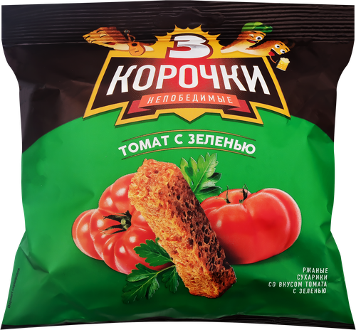 Сухарики ржаные ТРИ КОРОЧКИ Томат с зеленью, 100г, фото