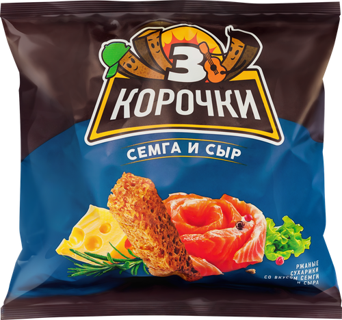 Сухарики ржаные ТРИ КОРОЧКИ Сыр и семга, 100г, картинка