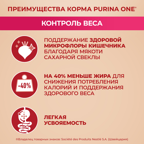 Корм сухой для взрослых собак PURINA ONE Мини Здоровый вес для мелких пород, склонных к набору веса с индейкой и рисом, 1,5кг, фото
