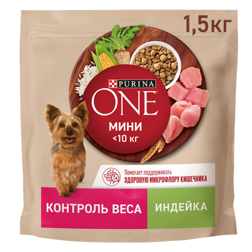 Корм сухой для взрослых собак PURINA ONE Мини Здоровый вес для мелких пород, склонных к набору веса с индейкой и рисом, 1,5кг, фото