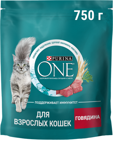 Корм сухой для взрослых кошек PURINA ONE с высоким содержанием говядины и цельными злаками, 750г, фото