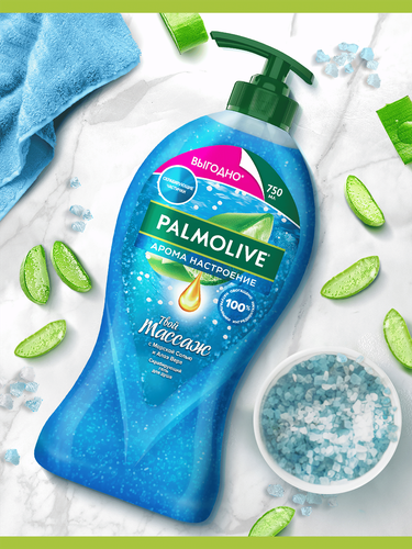 Гель для душа PALMOLIVE Арома настроение Твой массаж с массажными микрочастицами, с солью мертвого моря, алоэ вера и мятой, 750мл, картинка