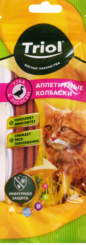 Лакомство для кошек TRIOL Колбаски из лосося с уткой, 40г, вид
