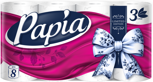 Бумага туалетная PAPIA 3-слоя белая, 8шт, вид