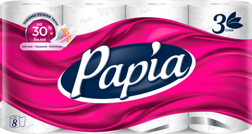 Бумага туалетная PAPIA 3-слоя белая, 8шт, вид