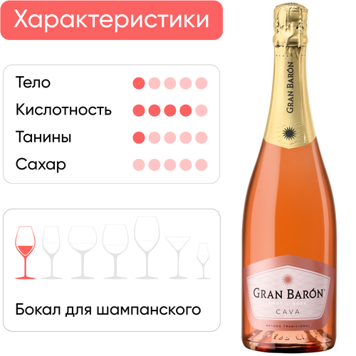 Вино игристое GRAN BARON Rose Кава DO розовое брют, 0.75л, фото