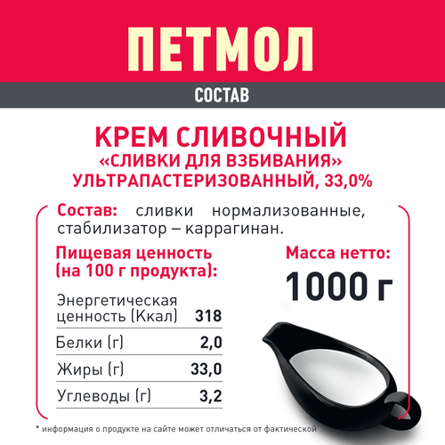 Сливки ультрапастеризованные ПЕТМОЛ Для взбивания 33%, без змж, 1000г, картинка