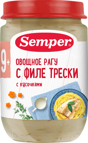Пюре рыбно-овощное SEMPER Овощное с филе трески, с 9 месяцев, 190г, фото