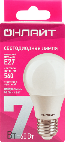 Лампа светодиодная ОНЛАЙТ Груша 7Вт, E27, дневной свет, Арт. 71648, картинка
