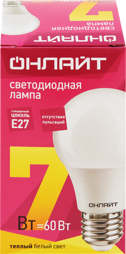 Лампа светодиодная ОНЛАЙТ Груша 7Вт, E27, теплый свет, Арт. 71647, крупный план