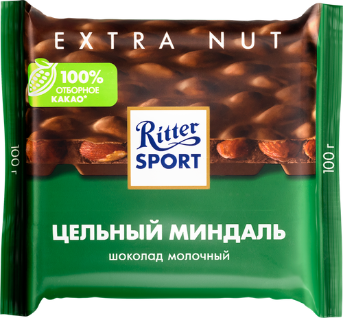 Шоколад молочный RITTER SPORT Цельный миндаль, 100г, крупный план