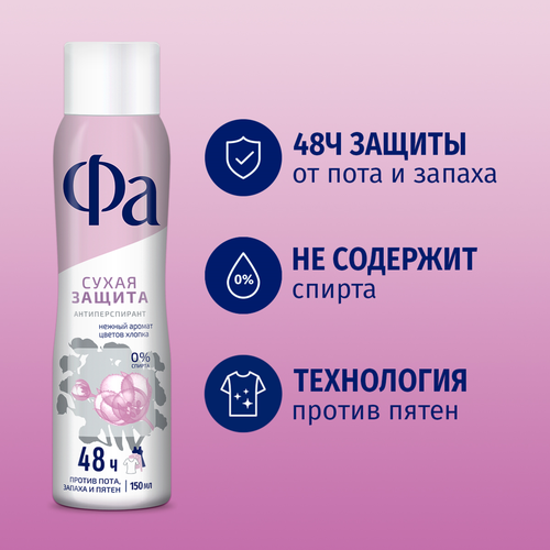 Дезодорант-антиперспирант спрей женский ФА Сухая защита Нежность хлопка, 150мл, изображение