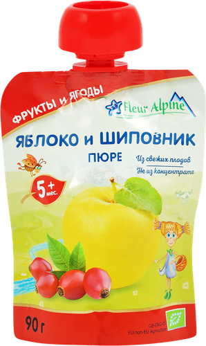 Пюре фруктово-ягодное FLEUR ALPINE Яблоко и шиповник Organic, с 5 месяцев, 90г, фотография