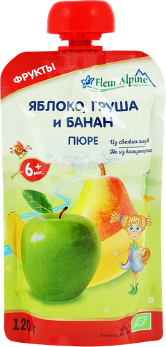Пюре фруктовое FLEUR ALPINE Яблоко, груша и банан, с 6 месяцев, 120г, фотография