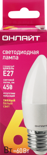 Лампа светодиодная ОНЛАЙТ Свеча 6Вт, Е27, теплый свет, Арт. 71630, изображение