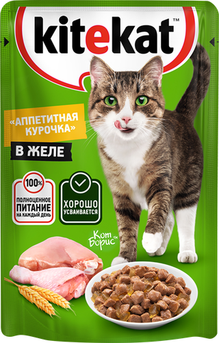 Корм консервированный для кошек KITEKAT c сочными кусочками курицы в желе, 85г, детальное фото
