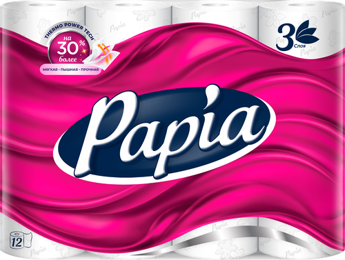 Бумага туалетная PAPIA 3-слоя белая, 12шт, изображение