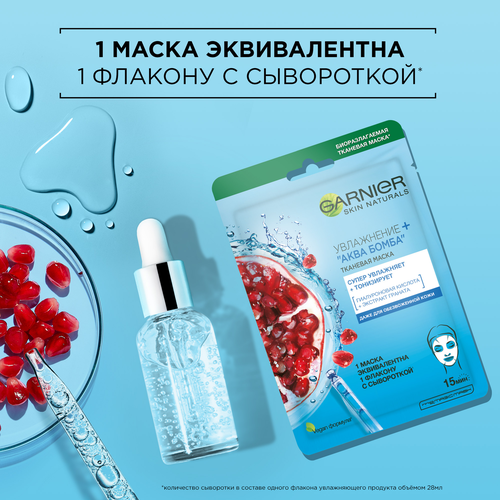 Маска тканевая для лица GARNIER Увлажнение + Аква Бомба c гиалуроновой, П-Анисовой кислотами, экстрактом граната, 32г, детальное фото