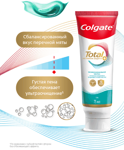 Зубная паста COLGATE Total 12 Профессиональная чистка, гель со специальным ингредиентом для гладких и блестящих зубов, с цинком и аргинином для антибактериальной защиты, 75мл, детальное фото