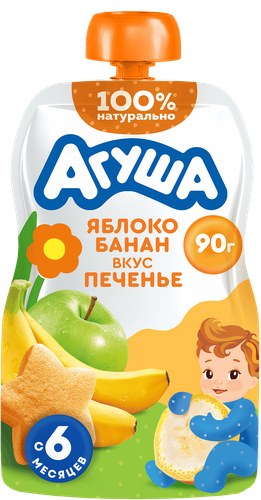 Пюре фруктово-злаковое детское АГУША Яблоко, банан, печенье, с 6  месяцев, 90г, изображение