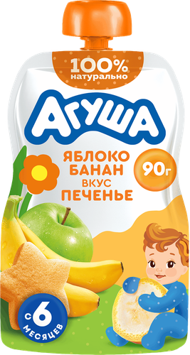 Пюре фруктово-злаковое детское АГУША Яблоко, банан, печенье, с 6  месяцев, 90г, детальное фото